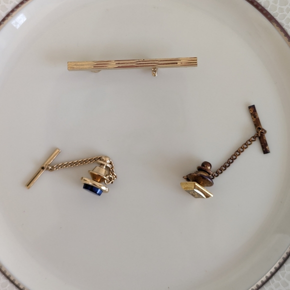 Set of 3 Tie Tacs Blue Lapis "G" initial Diamonds Cut Tie Bar Bundle - Picture 3 of 5